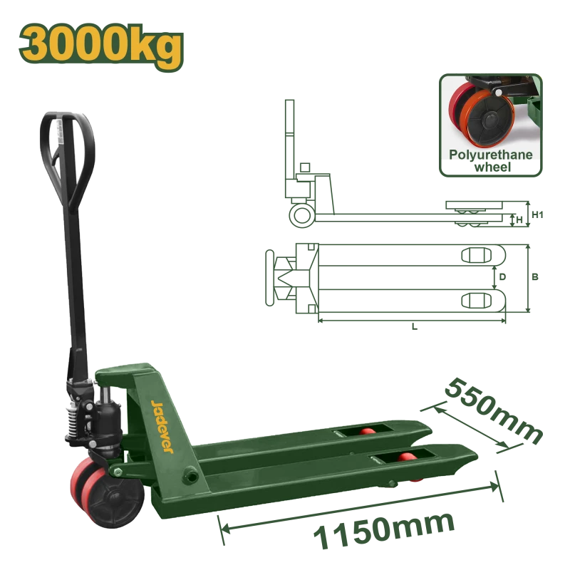 جك طبالي سعة 3000 كغم، شوك 550×1150 ملم، عجلات بولي يوريثان من جادفر (JDNH1R30) - جادفر