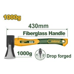 JADEVER Drop-Forged Axe with Fiberglass Handle (JDHM6321), 1000g, 430mm, Heat-Treated 45# Carbon Steel Head, Dual Axe & Hammer Function, Ergonomic Fiberglass Grip