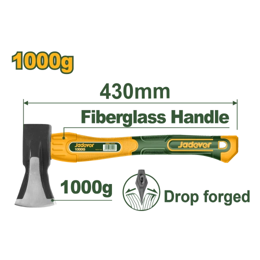 JADEVER Drop-Forged Axe with Fiberglass Handle (JDHM6321), 1000g, 430mm, Heat-Treated 45# Carbon Steel Head, Dual Axe & Hammer Function, Ergonomic Fiberglass Grip JADEVER Drop-Forged Axe with Fiberglass Handle (JDHM6321), 1000g, 430mm, Heat-Treated 45# Carbon Steel Head, Dual Axe & Hammer Function, Ergonomic Fiberglass Grip