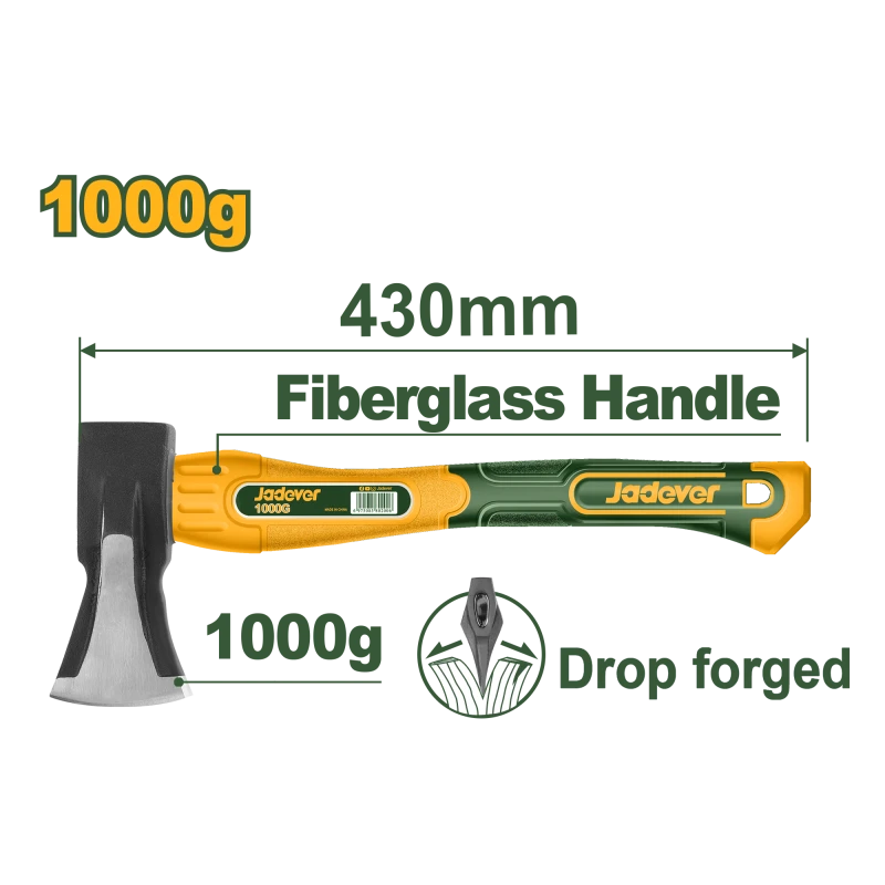 JADEVER Drop-Forged Axe with Fiberglass Handle (JDHM6321), 1000g, 430mm, Heat-Treated 45# Carbon Steel Head, Dual Axe & Hammer Function, Ergonomic Fiberglass Grip - Jadever