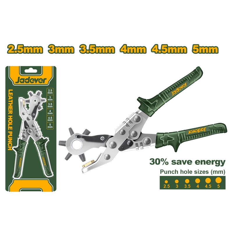 JADEVER Leather Hole Punch Tool 10" 6 Sizes (2.5–5mm), Energy Saving, Chrome-Plated Steel (JDLH1801) - Jadever