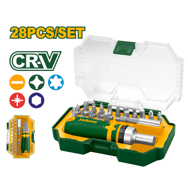 JADEVER 28 Pcs CR-V Screwdriver Bit Set Ratchet Handle & Bit Holder, Magnetic Box (JDSS8B28) - Jadever