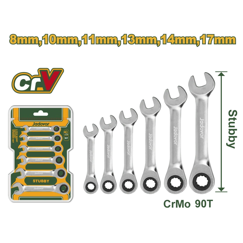 JADEVER 6 Pcs Short Ratchet Spanner Set Cr-V Steel, 90 Teeth, 8–17mm (JDSP6406) - Jadever