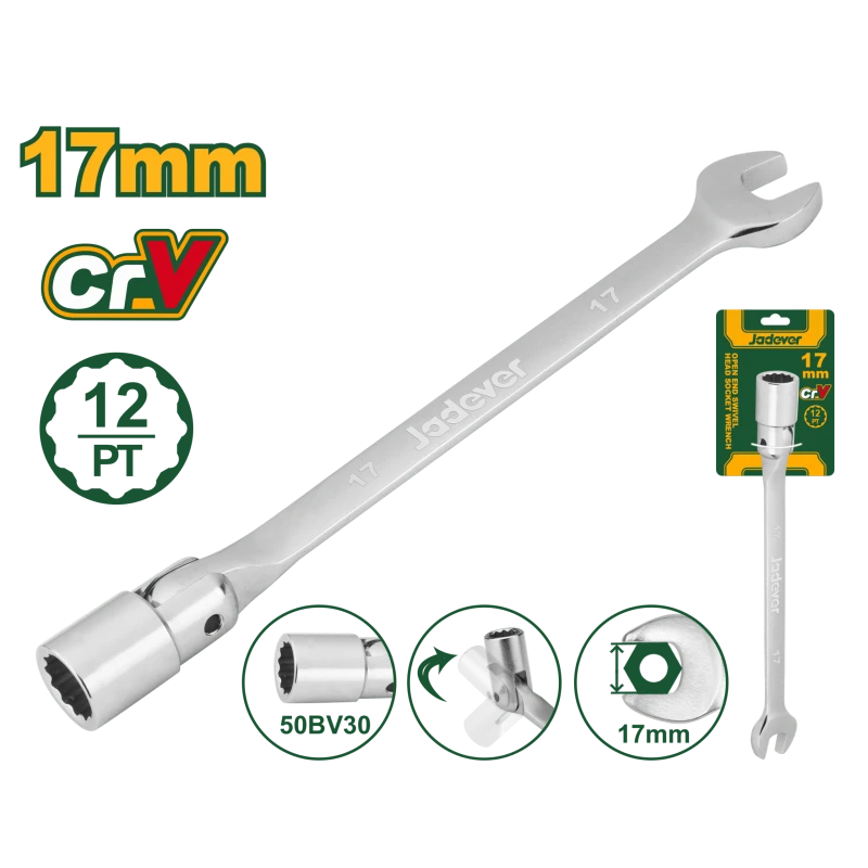 JADEVER Open-End Swivel Head Socket Spanner Wrench 17mm – Chrome Plated, Flexible Head (JDTH1E17) - Jadever