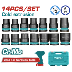 TOTAL 14-Piece 1/2" Drive Impact Socket Set (THISTD12141), Cr-Mo Steel, Metric Sizes 10mm–27mm, Cold-Forged & Heat-Treated, with Durable Blow Molded Case, Heavy-Duty for Impact Wrenches