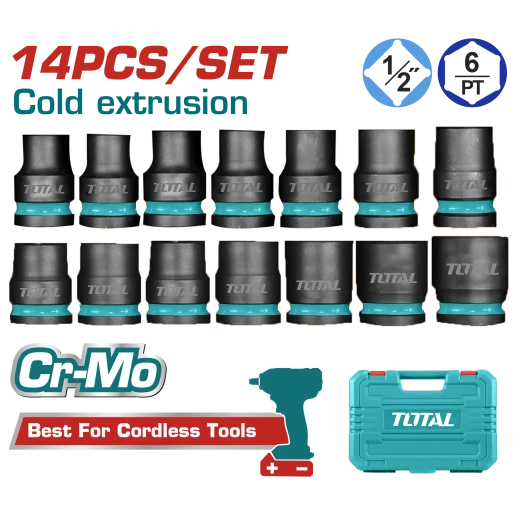 TOTAL 14-Piece 1/2" Drive Impact Socket Set (THISTD12141), Cr-Mo Steel, Metric Sizes 10mm–27mm, Cold-Forged & Heat-Treated, with Durable Blow Molded Case, Heavy-Duty for Impact Wrenches TOTAL 14-Piece 1/2" Drive Impact Socket Set (THISTD12141), Cr-Mo Steel, Metric Sizes 10mm–27mm, Cold-Forged & Heat-Treated, with Durable Blow Molded Case, Heavy-Duty for Impact Wrenches