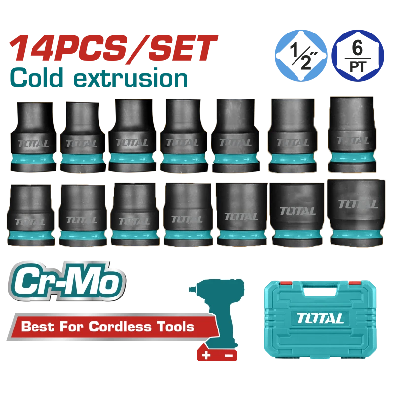 TOTAL 14-Piece 1/2" Drive Impact Socket Set (THISTD12141), Cr-Mo Steel, Metric Sizes 10mm–27mm, Cold-Forged & Heat-Treated, with Durable Blow Molded Case, Heavy-Duty for Impact Wrenches - Total