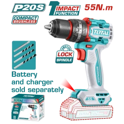 TOTAL Compact Brushless Cordless Impact Drill 20V | 55N.m - Battery & Charger Sold Separately (TIDLI205581)