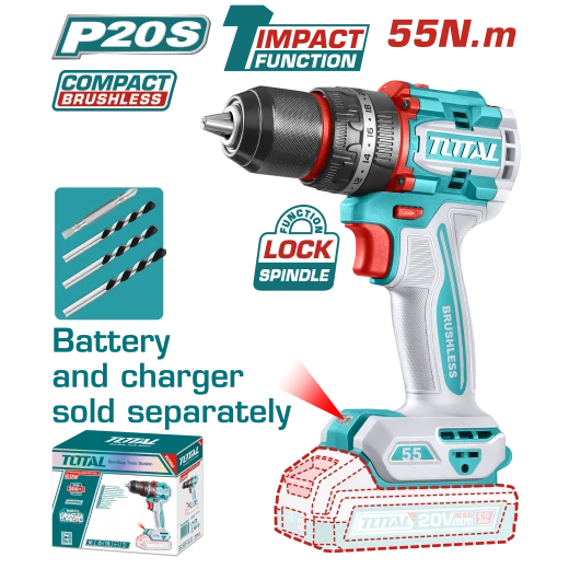 TOTAL Compact Brushless Cordless Impact Drill 20V | 55N.m - Battery & Charger Sold Separately (TIDLI205581) TOTAL Compact Brushless Cordless Impact Drill 20V | 55N.m - Battery & Charger Sold Separately (TIDLI205581)