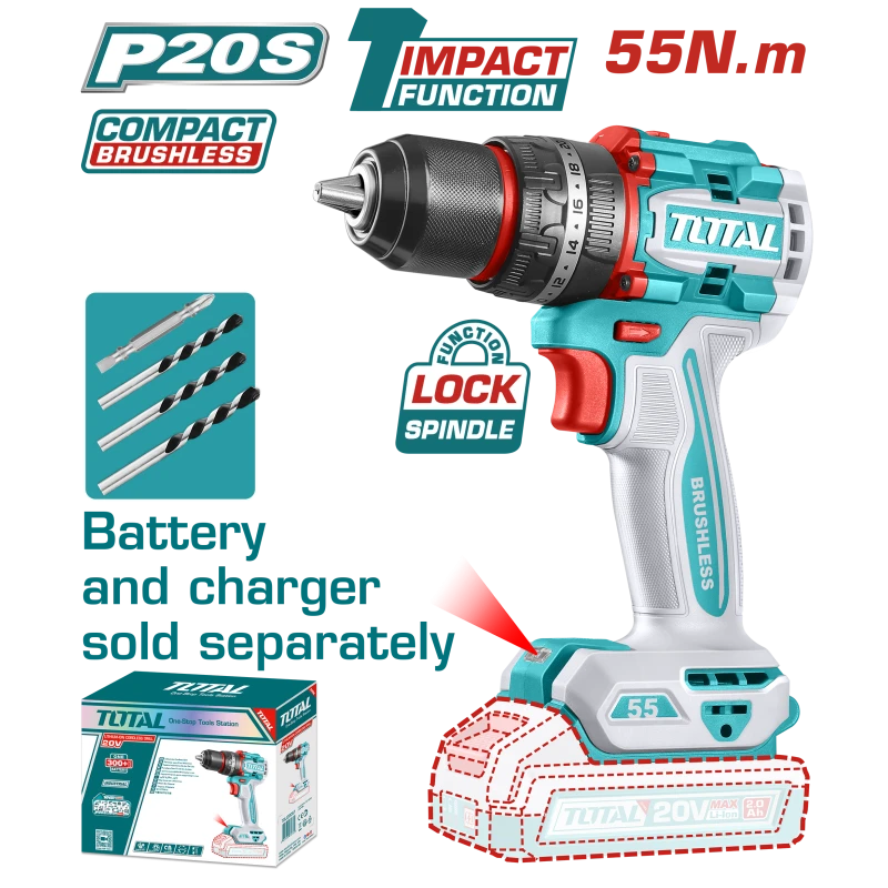 TOTAL Compact Brushless Cordless Impact Drill 20V | 55N.m - Battery & Charger Sold Separately (TIDLI205581) - Total