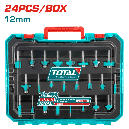 TOTAL 24-Piece Router Bit Set (TACSR12412), 12mm Shank, Precision Woodworking Bits for Routing, Shaping & Joinery, Includes Straight, Round Over, Cove, Chamfer & Dovetail Bits with Storage Case TOTAL 24-Piece Router Bit Set (TACSR12412), 12mm Shank, Precision Woodworking Bits for Routing, Shaping & Joinery, Includes Straight, Round Over, Cove, Chamfer & Dovetail Bits with Storage Case