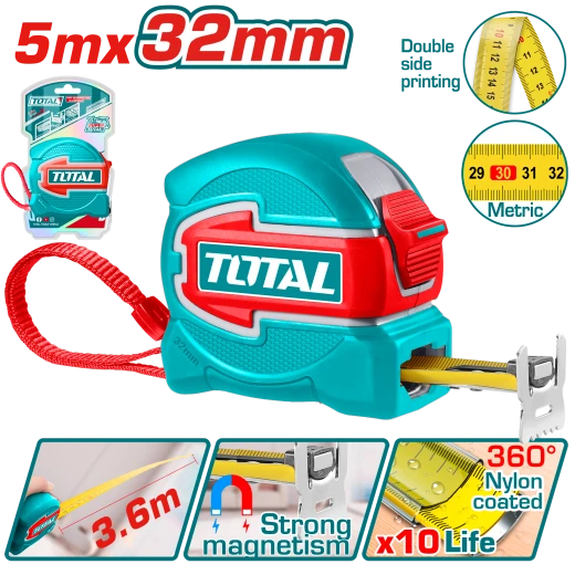 TOTAL Steel Measuring Tape 5m x 32mm – Magnetic Hook (TMT80532M) TOTAL Steel Measuring Tape 5m x 32mm – Magnetic Hook (TMT80532M)