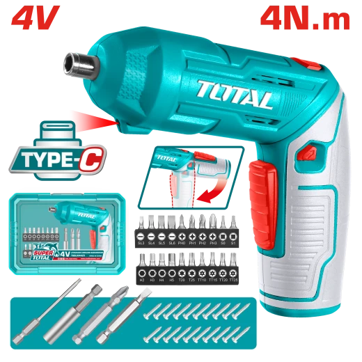 TOTAL 4V Cordless Screwdriver Kit, Adjustable Handle, 23-Piece Bit Set TOTAL 4V Cordless Screwdriver Kit, Adjustable Handle, 23-Piece Bit Set