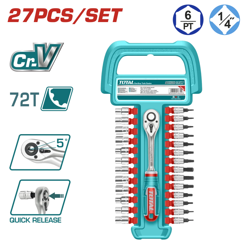 TOTAL 27-Piece 1/4" Socket Set with Quick Release Ratchet (THT141271) - Total