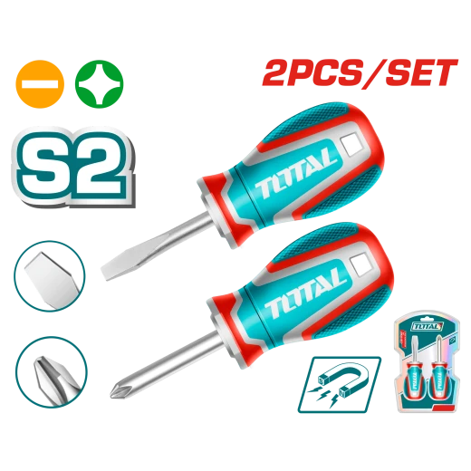 TOTAL 2 Pcs Screwdriver Set – S2 Steel, Magnetic Tip, 38mm Stubby, SL6.5 & PH2 (TKSDS2226) TOTAL 2 Pcs Screwdriver Set – S2 Steel, Magnetic Tip, 38mm Stubby, SL6.5 & PH2 (TKSDS2226)