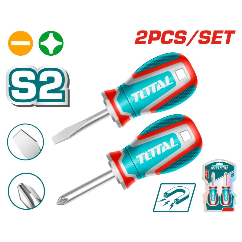 TOTAL 2 Pcs Screwdriver Set – S2 Steel, Magnetic Tip, 38mm Stubby, SL6.5 & PH2 (TKSDS2226) - Total