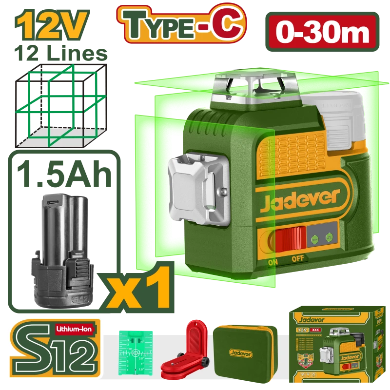 JADEVER 3D Green Laser Level 12V 30m Range for Construction and Tiling - Jadever