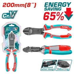 Total 8" Compound Action Diagonal Cutting Pliers (THTC530806), Cr-V Steel, Teflon Coating, Deburring Function & Comfortable TPR Grip