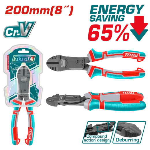 Total 8" Compound Action Diagonal Cutting Pliers (THTC530806), Cr-V Steel, Teflon Coating, Deburring Function & Comfortable TPR Grip Total 8" Compound Action Diagonal Cutting Pliers (THTC530806), Cr-V Steel, Teflon Coating, Deburring Function & Comfortable TPR Grip