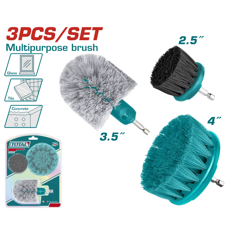TOTAL 3-Piece Multipurpose Drill Brush Set - 1/4" Hex Shank for Cleaning Tubs, Tiles & More - Total