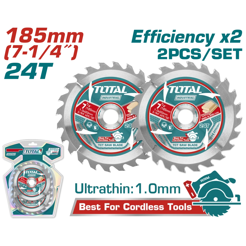TOTAL Ultra-Thin TCT Saw Blade 2Pcs Set 185mm – 24 Teeth for Lithium-Ion Circular Saw (TAC2331853) - Total