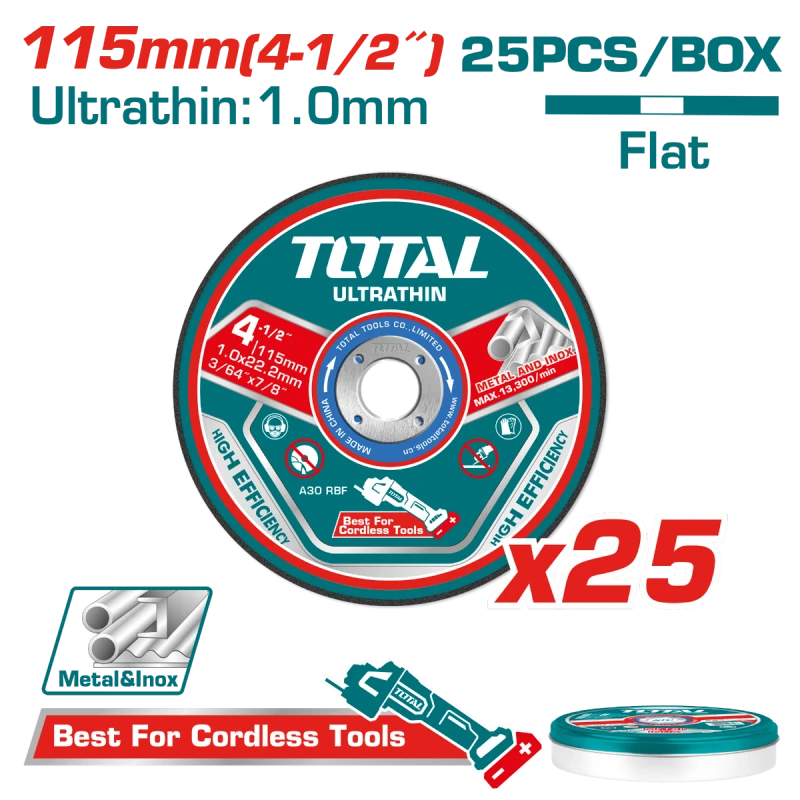 TOTAL Cutting Wheel Set for Fiber, Aluminum, and Metal – 25 Pieces, 115mm Diameter, for Versatile and Precise Cutting (TAC11011525) - Total