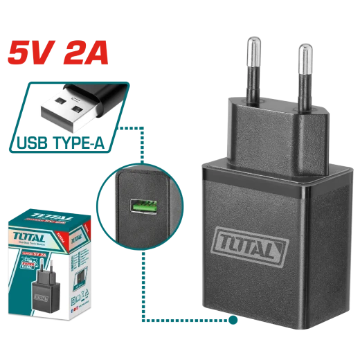 شاحن USB بقدرة 5 فولت (TCLI120502) من توتال – شاحن عملي وموثوق لشحن الهواتف، الأدوات، والأجهزة المزودة بمنفذ USB شاحن USB بقدرة 5 فولت (TCLI120502) من توتال – شاحن عملي وموثوق لشحن الهواتف، الأدوات، والأجهزة المزودة بمنفذ USB