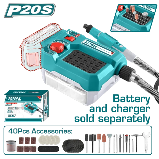 TOTAL 20V Lithium-Ion Cordless Grinder (Tool Only), Variable Speed 5,000-33,000 RPM with Flexible Shaft and 40-Piece Accessory Set Compatible with 3.2mm & 2.3mm Collets TOTAL 20V Lithium-Ion Cordless Grinder (Tool Only), Variable Speed 5,000-33,000 RPM with Flexible Shaft and 40-Piece Accessory Set Compatible with 3.2mm & 2.3mm Collets