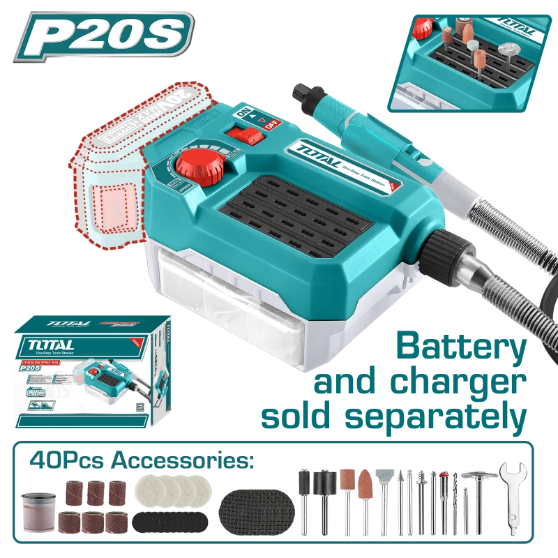TOTAL 20V Lithium-Ion Cordless Grinder (Tool Only), Variable Speed 5,000-33,000 RPM with Flexible Shaft and 40-Piece Accessory Set Compatible with 3.2mm & 2.3mm Collets - Total