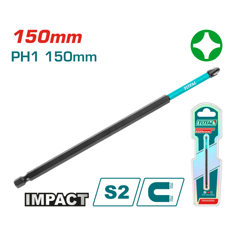 لقمة مفك براغي تأثير PH1 150 مم فولاذ S2 مغناطيسي (TACIM71PH1150) من توتال - توتال