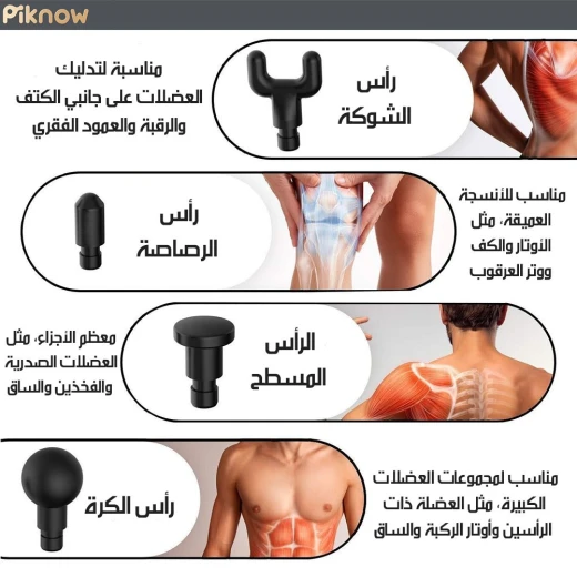 جهاز تدليك العضلات مع 4 رؤوس, مساج عميق للأنسجة، سرعات قابلة للتعديل لتخفيف العضلات والتعافي، تصميم محمول من بيكنو - بيكنو - Image 3