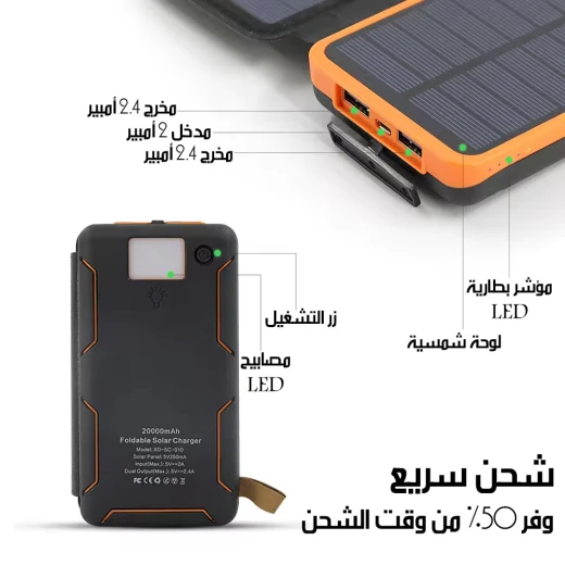 شاحن طاقة شمسية محمول 20000 مللي أمبير أسود للهواتف الذكية والأجهزة اللوحية - Image 4