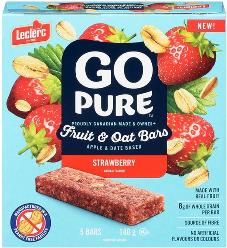 Leclerc Go Pure Strawberry Fruit and Oat Bars Healthy Snack 5 Bars 140g - Leclerc