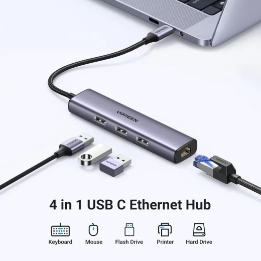 UGREEN USB-C Hub 4-in-1 Ethernet Adapter 3x USB 3.0 Ports Gigabit RJ45 Network for MacBook Pro/Air - Ugreen - Image 2