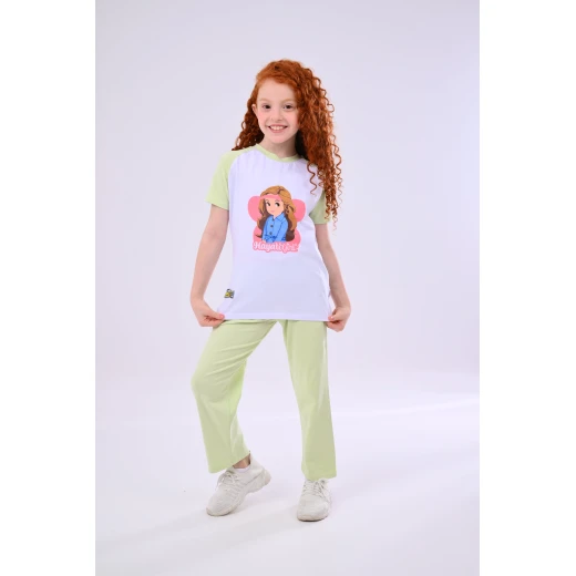 Zaitoon Hayati Girl's Pajama Set - White & Green - 2 Years - Soft Cotton Zaitoon Hayati Girl's Pajama Set - White & Green - 2 Years - Soft Cotton