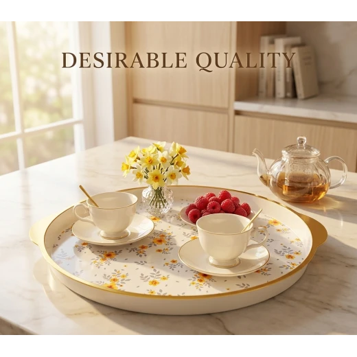 صينية بلاستيك دائرية مزينة بالزهور متعددة الاستخدام للضيافة وتقديم الطعام ركن القهوة تصميم أنيق كوزي للاستخدام اليومي في المنزل والمطبخ وتنظيم المشروبات والحلويات هدية عملية ومناسبة لكل المناسبات - دار المطبخ - Image 3