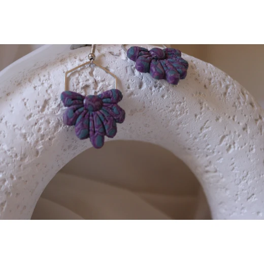 Handcrafted drop earrings in vibrant marbled purple hues, inspired by night-blooming flowers and twilight glow; lightweight and waterproof, they add a unique artistic touch to your everyday look - Lumique - Image 2