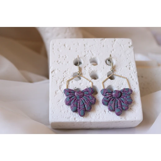 Handcrafted drop earrings in vibrant marbled purple hues, inspired by night-blooming flowers and twilight glow; lightweight and waterproof, they add a unique artistic touch to your everyday look