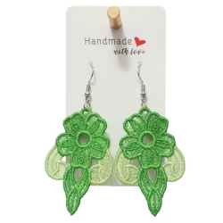 Beautiful Flower Earrings with Soft Threads in Shades of Light and Dark Green, Elegant Earrings That Reflect the Beauty of Nature, Size 5.5 Cm × 3.7 Cm
