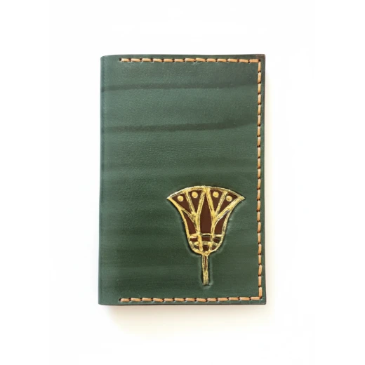 Hand made Bifold Leather Card Wallet with Printed Drawings - Green Hand made Bifold Leather Card Wallet with Printed Drawings - Green