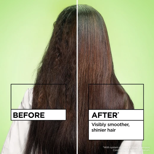 سيروم غارنييه فركتيس Sleek & Shine مضاد للهيشان 150 مل، تركيبة خفيفة تغذي الشعر وتمنحه نعومة ولمعان، يقلل التجعد ويجعل الشعر أكثر انسيابية وسهولة في التصفيف مع حماية من الرطوبة طوال اليوم - غارنييه - Image 4