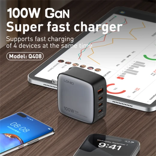 شاحن لدينو فائق السرعة بتقنية GaN بقوة 100 واط، مزود بـ 4 منافذ USB (1A3C) - إل دي إن آي أو - Image 2