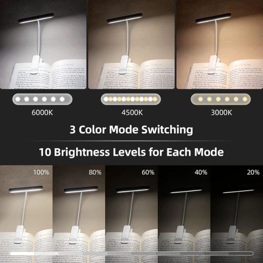 Clip On Rechargeable LED Book Light Flexible Gooseneck 3 Color Modes 10 Brightness Levels White Eye Care Reading Lamp - Image 2