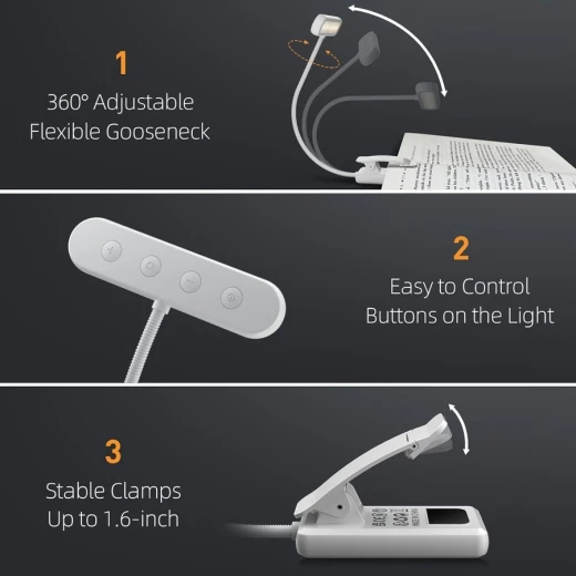 Clip On Rechargeable LED Book Light Flexible Gooseneck 3 Color Modes 10 Brightness Levels White Eye Care Reading Lamp - Image 3