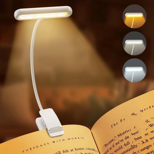 Clip On Rechargeable LED Book Light Flexible Gooseneck 3 Color Modes 10 Brightness Levels White Eye Care Reading Lamp - Image 5