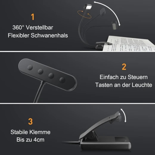 Clip On Rechargeable LED Book Light Flexible Gooseneck 3 Color Modes 10 Brightness Levels Pink Eye Care Reading Lamp - Image 6