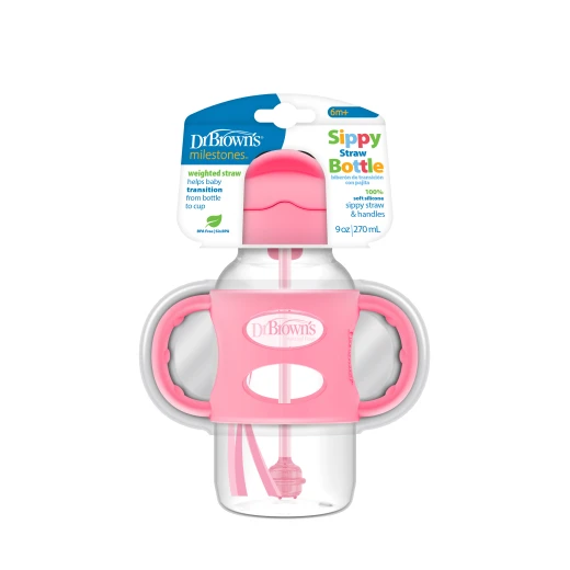 Dr. Browns Plastic Wide-Neck Sippy Straw Bottle With Silicone Handles , 9 oz/270 ml , Pink,1-pack Dr. Browns Plastic Wide-Neck Sippy Straw Bottle With Silicone Handles , 9 oz/270 ml , Pink,1-pack