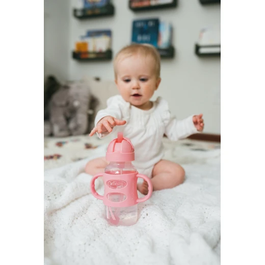 Dr. Browns Plastic Wide-Neck Sippy Straw Bottle With Silicone Handles , 9 oz/270 ml , Pink,1-pack - Dr. Brown's - Image 2