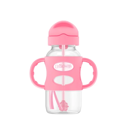 Dr. Browns Plastic Wide-Neck Sippy Straw Bottle With Silicone Handles , 9 oz/270 ml , Pink,1-pack - Dr. Brown's - Image 3