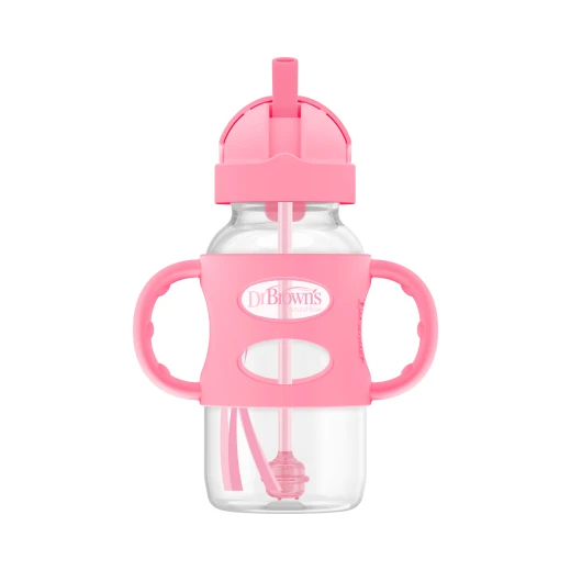 Dr. Browns Plastic Wide-Neck Sippy Straw Bottle With Silicone Handles , 9 oz/270 ml , Pink,1-pack - Dr. Brown's - Image 4
